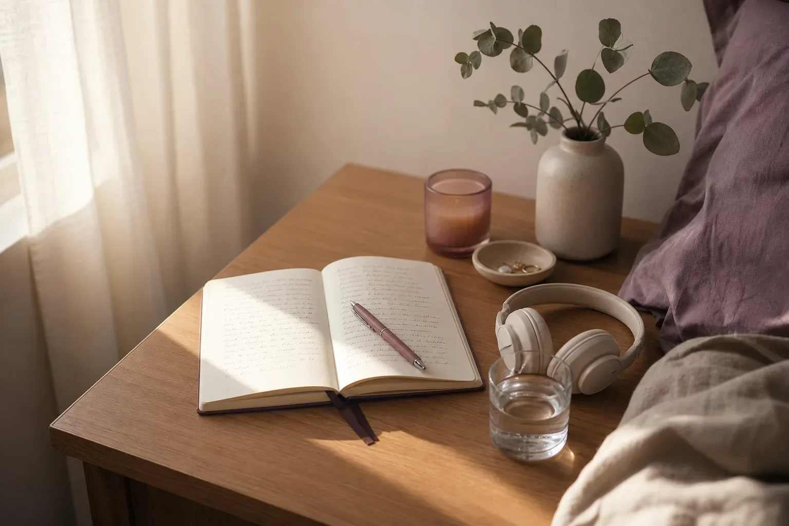 Notebook and headphones on a quiet bedside table