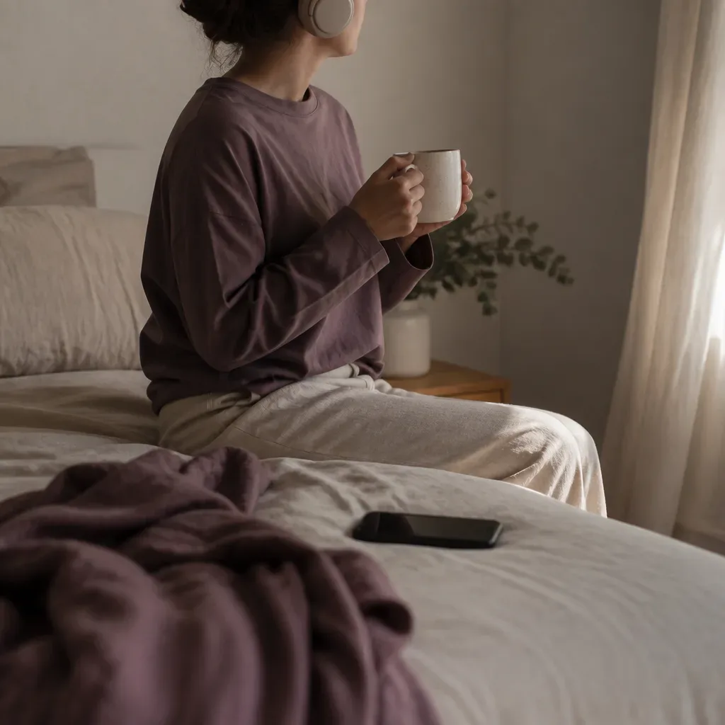 Person listening quietly on the edge of bed