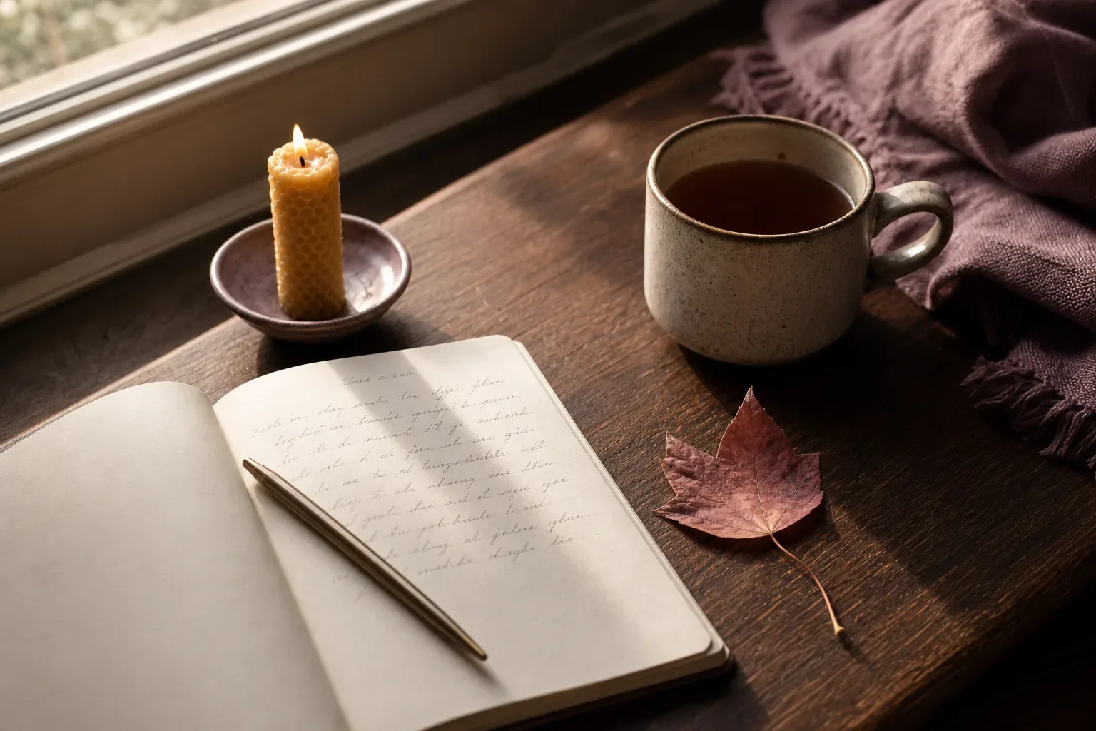 Candle and notebook beside an autumn window