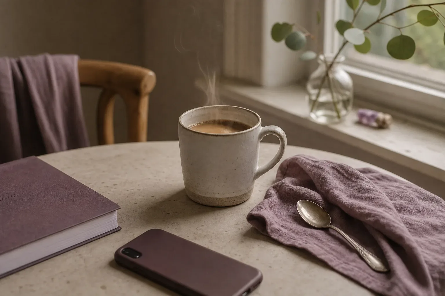 Coffee cup beside phone and quiet morning window