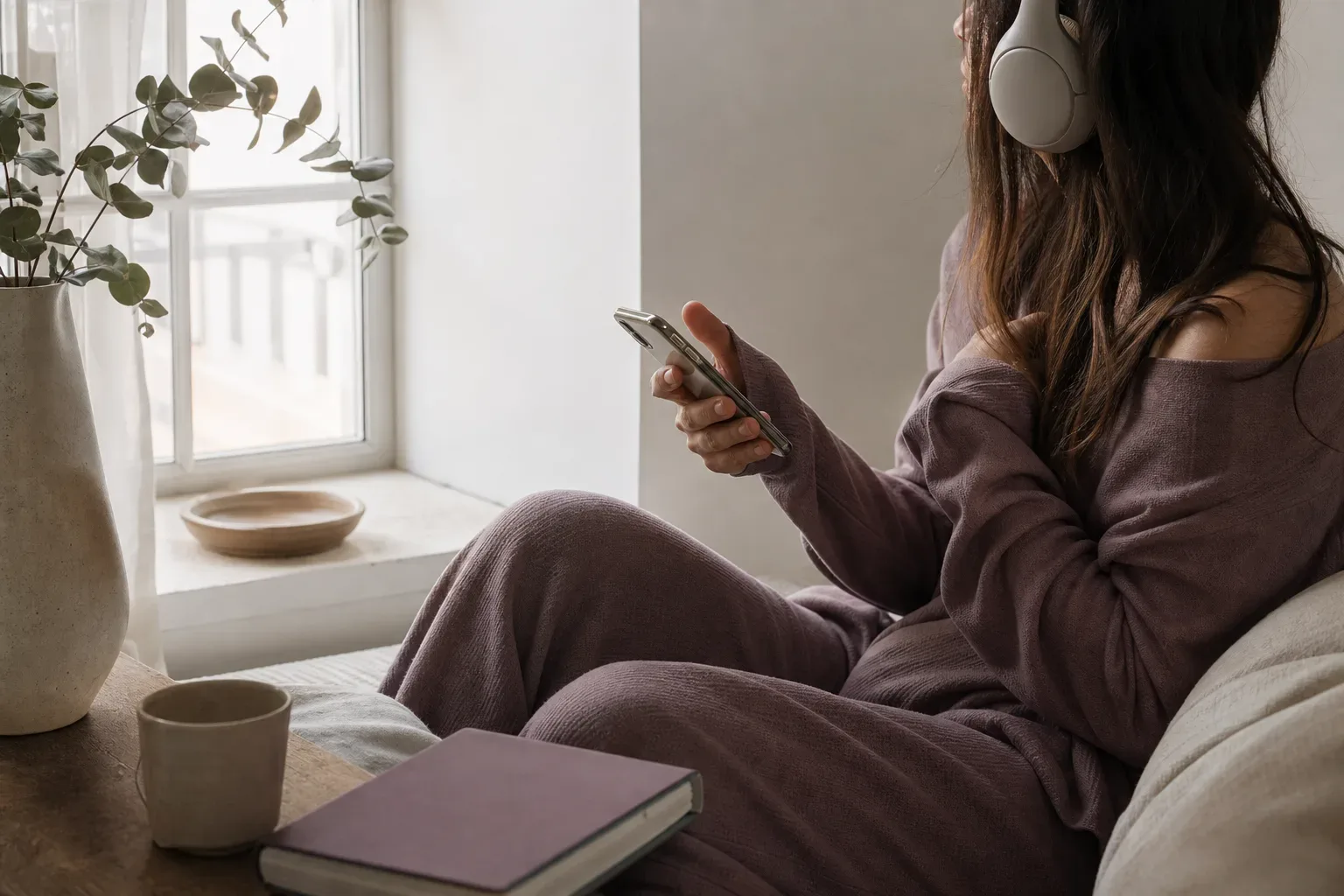 Woman listening quietly beside a morning window