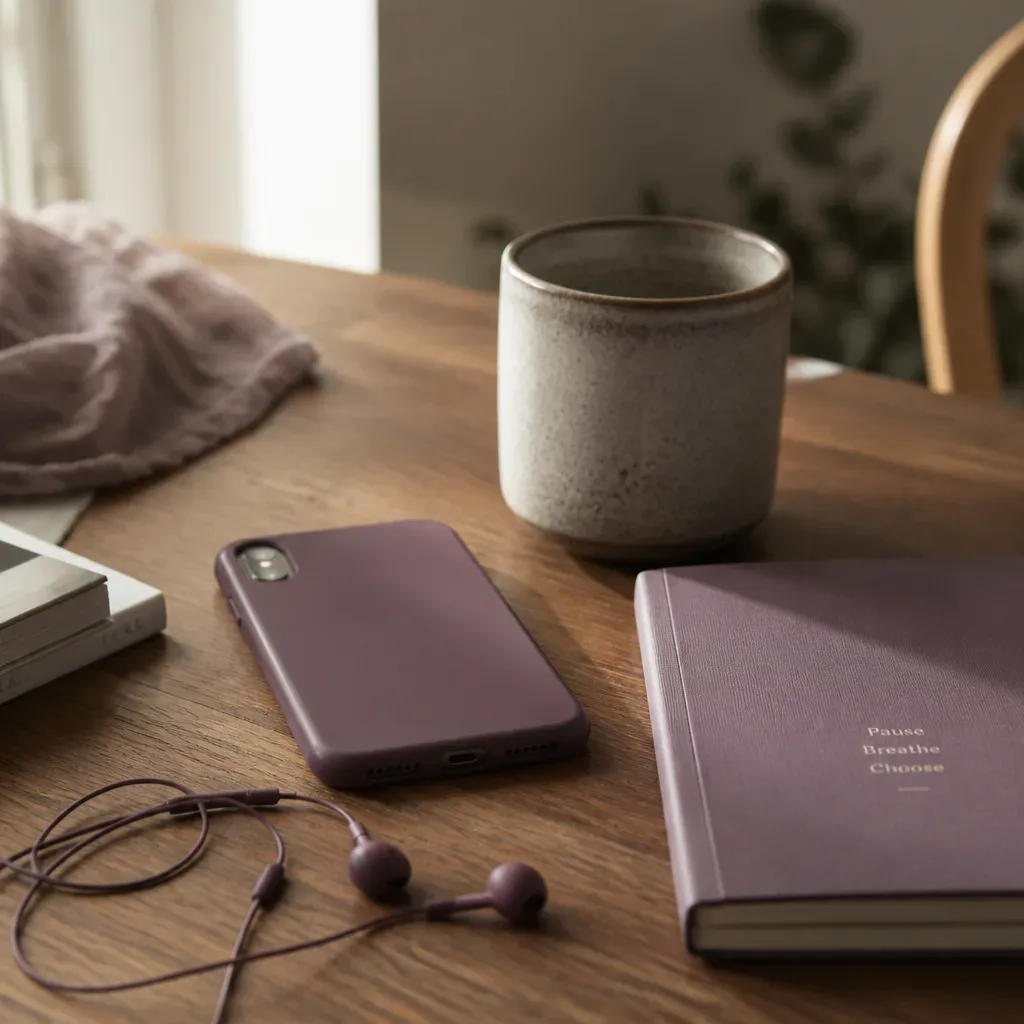 Phone and headphones waiting beside morning tea