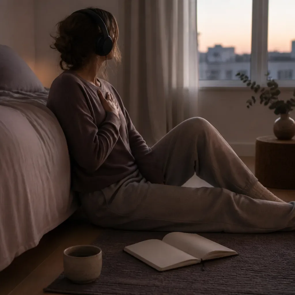 Person listening quietly in a dim bedroom