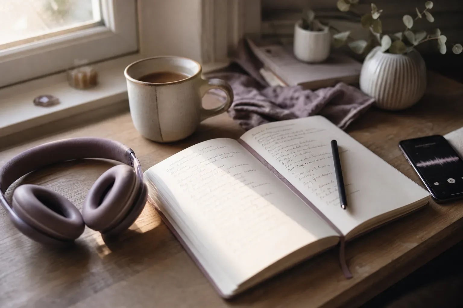 Headphones beside a notebook in soft morning light