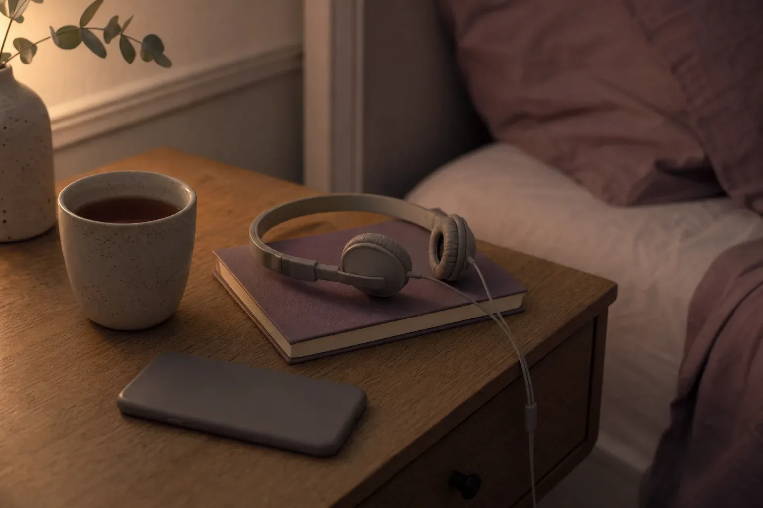Audífonos suaves junto a la cama, al lado de una taza de té tenue