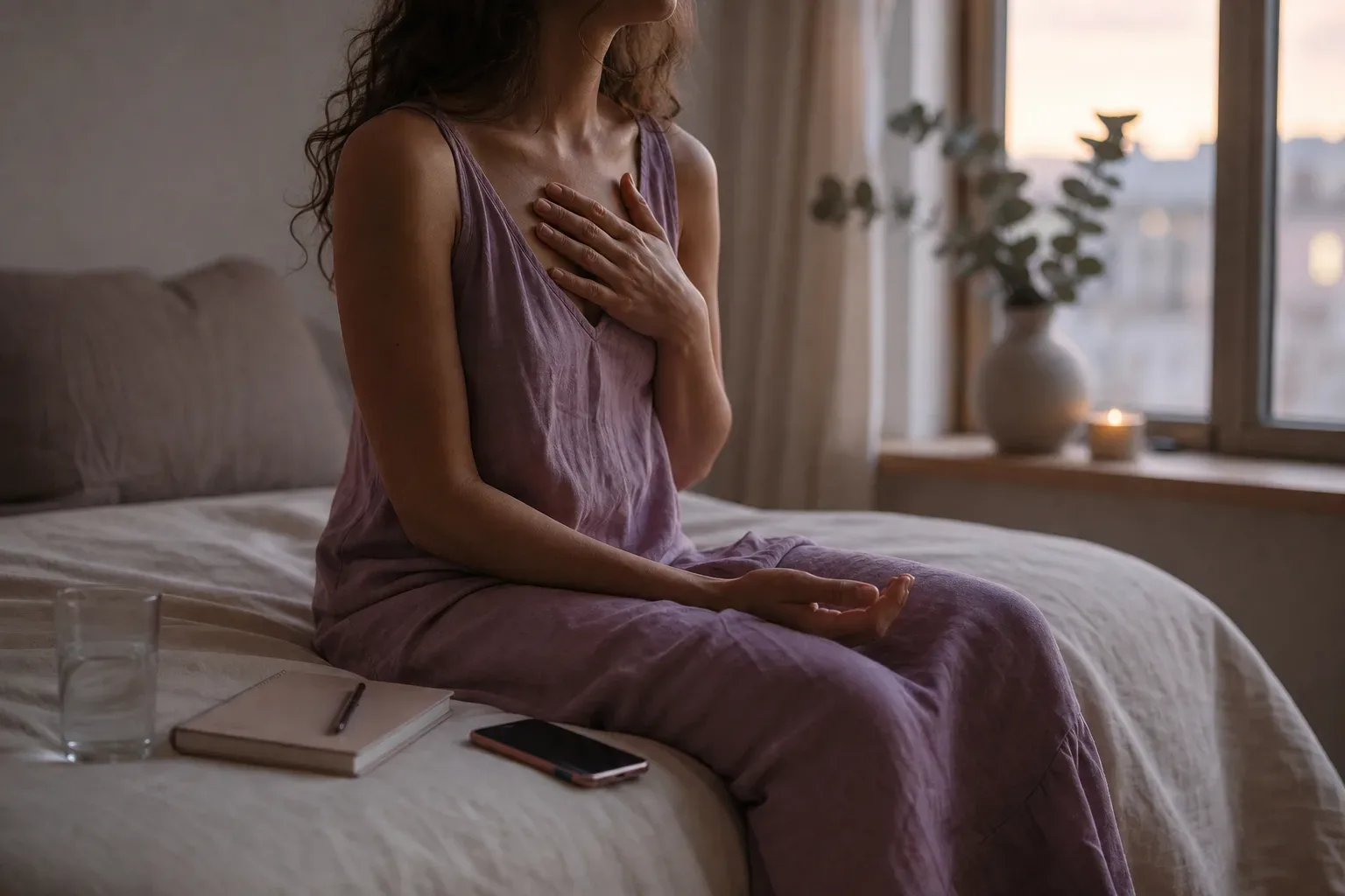 Người phụ nữ lắng nghe trong yên lặng, tay đặt trên ngực