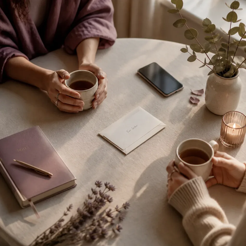 Hai tách trà và một mảnh giấy trên chiếc bàn yên tĩnh