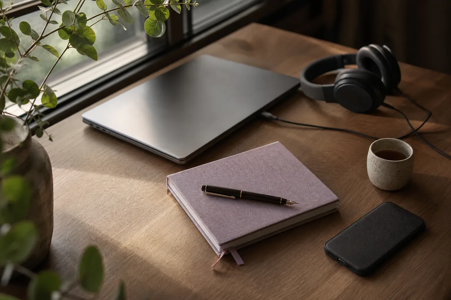 Desk with headphones, notebook, and morning client notes