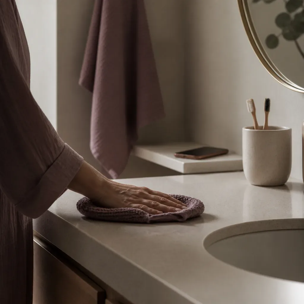 Bathroom counter wiped while audio plays nearby