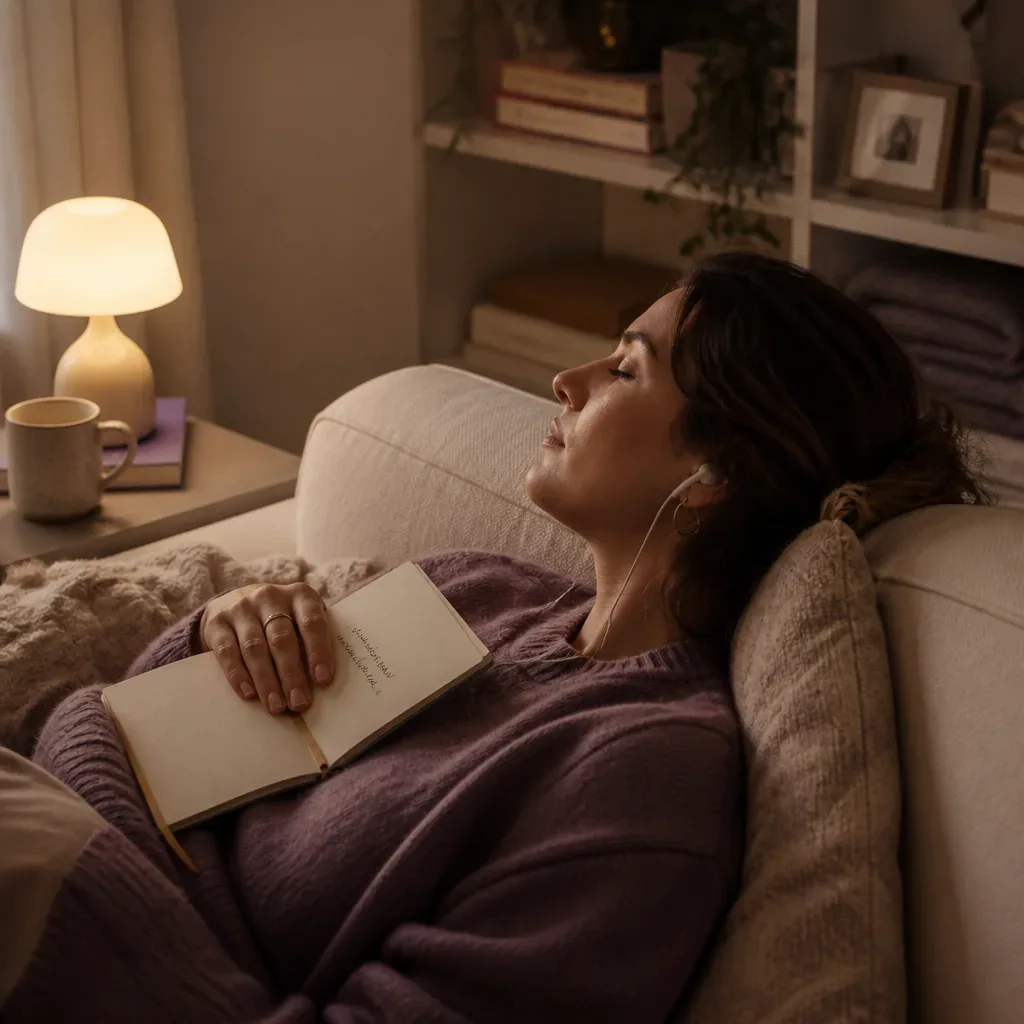 Woman listening to future-self audio at night