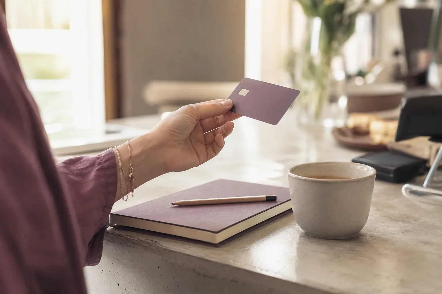 Hand holding bank card beside a quiet notebook