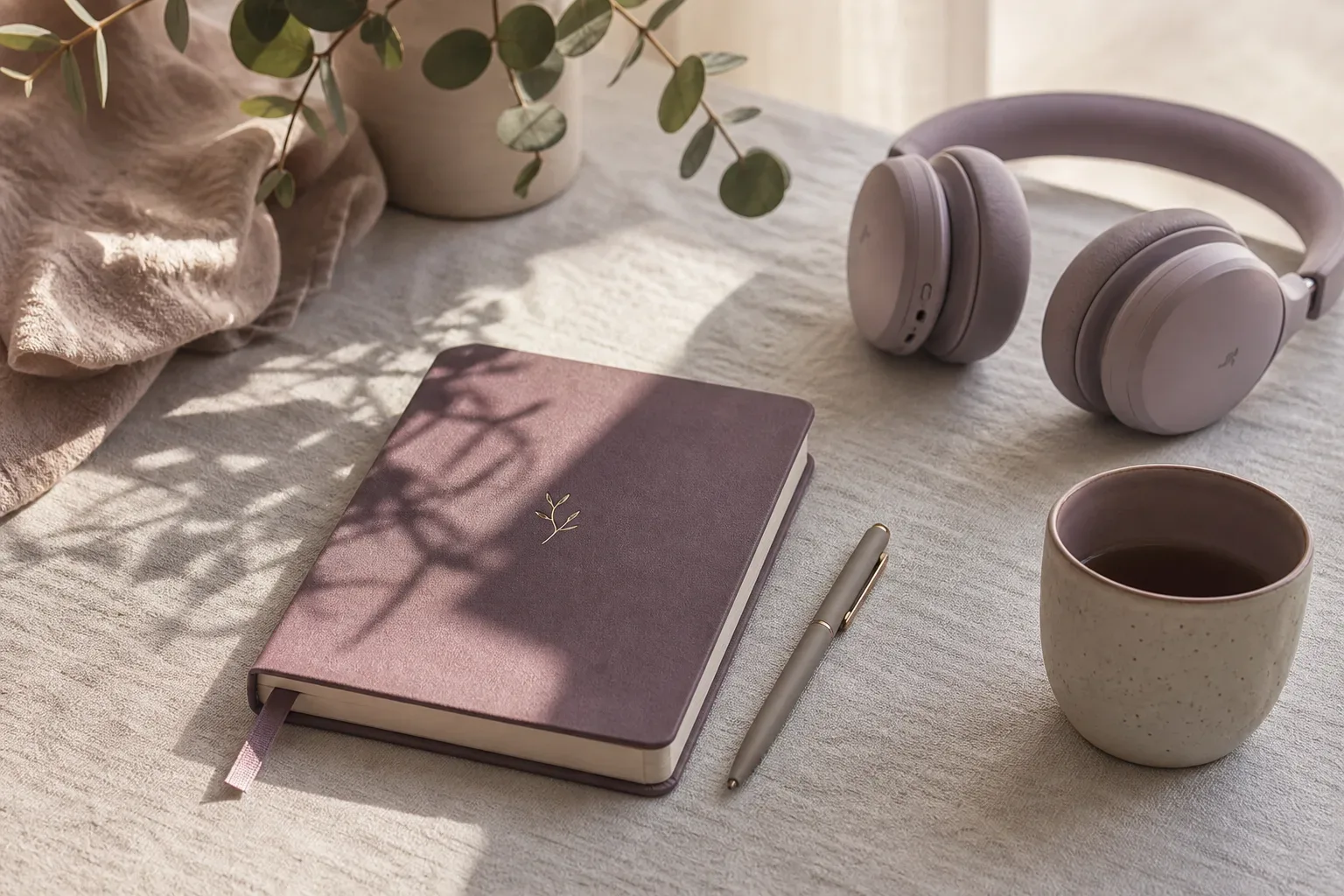 Notebook closed beside headphones in morning light
