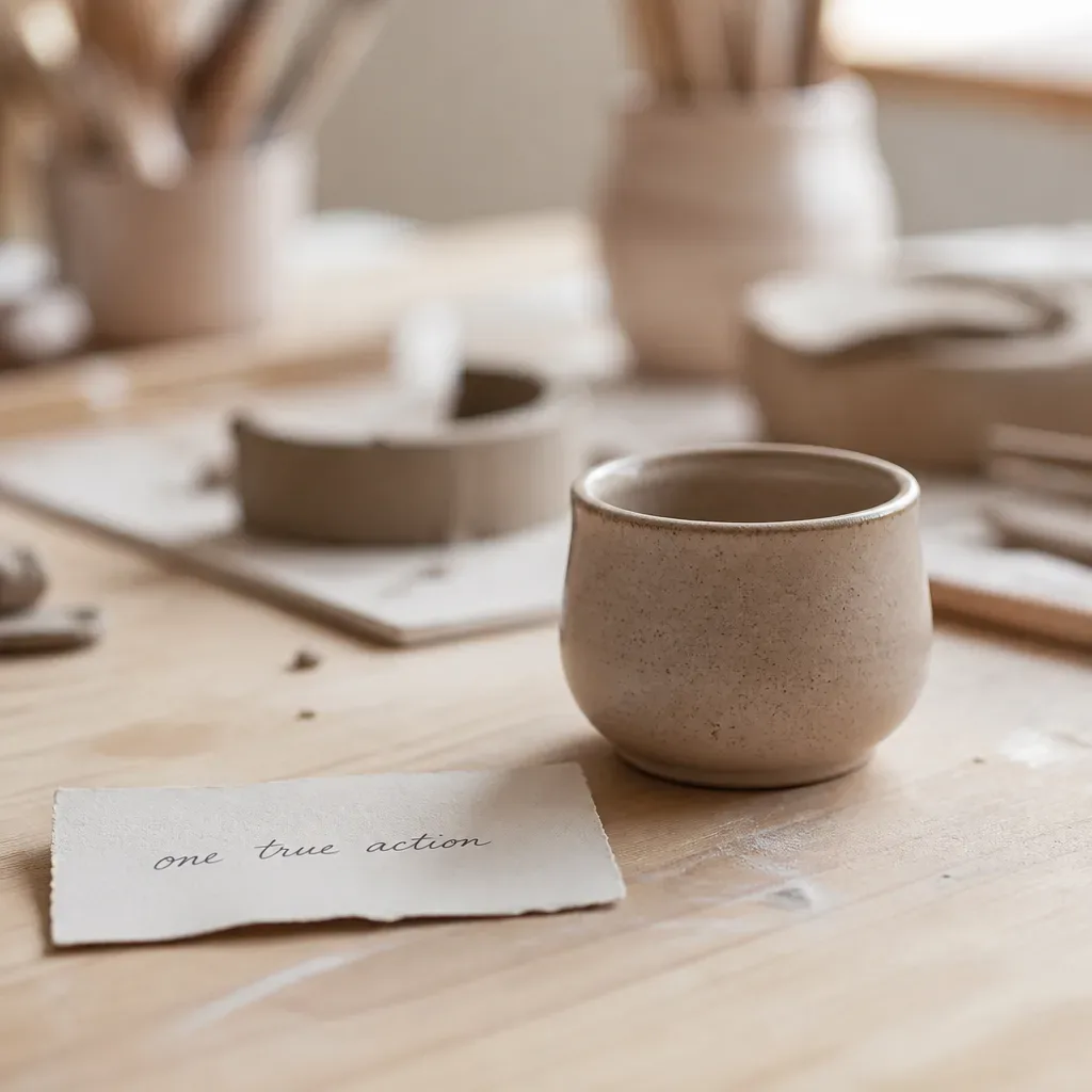 Ceramic vessel beside one true action card
