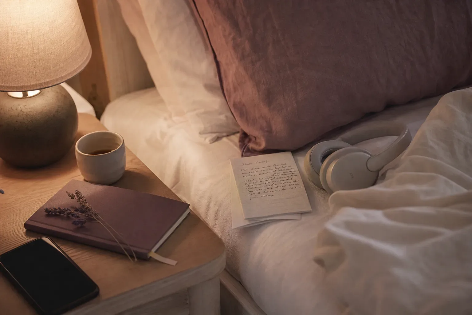 Notebook and headphones resting beside a quiet bed