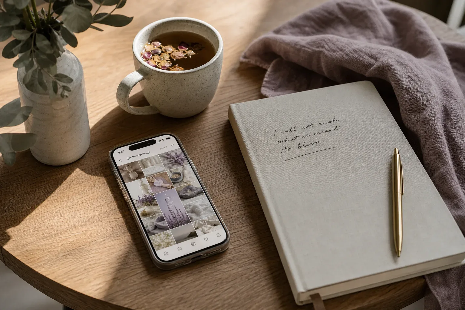 Phone beside tea and a quiet vision board