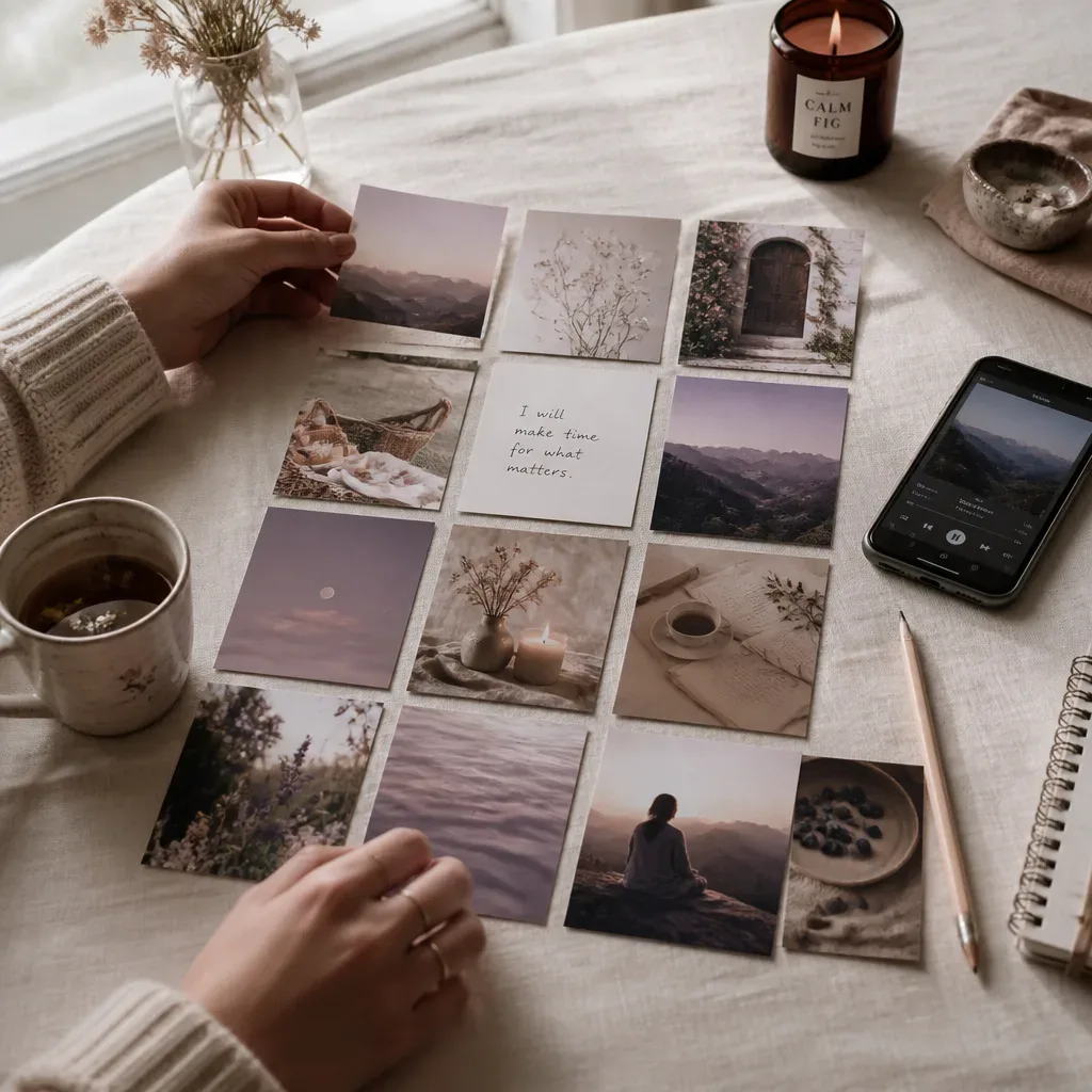 Hands editing a small seasonal vision board