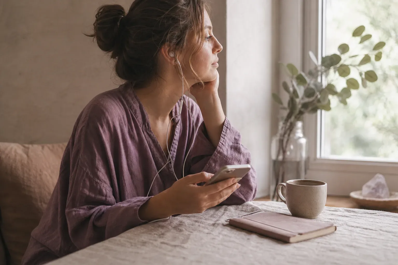 Mujer escuchando en silencio junto a una ventana por la mañana