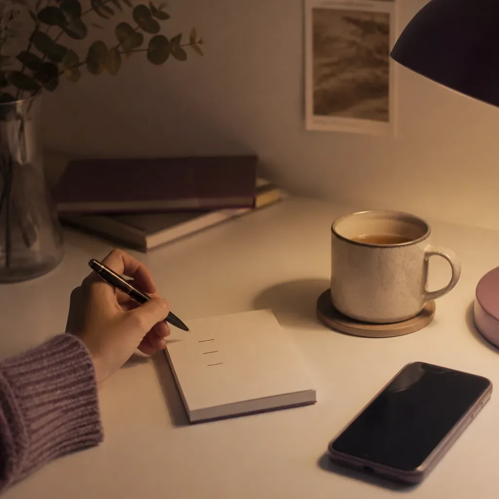 Escritorio nocturno con notas de práctica y teléfono
