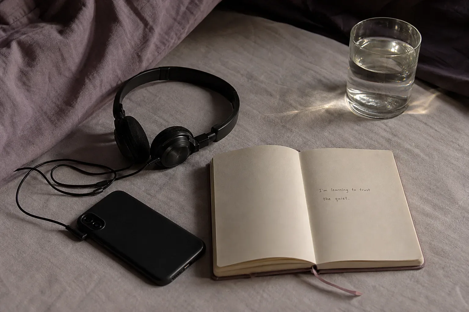 Audífonos junto a la cama al lado de un cuaderno con poca luz