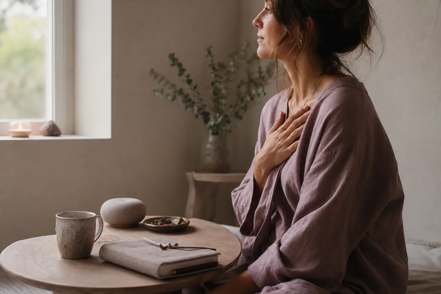 Woman listening softly beside a dawn window