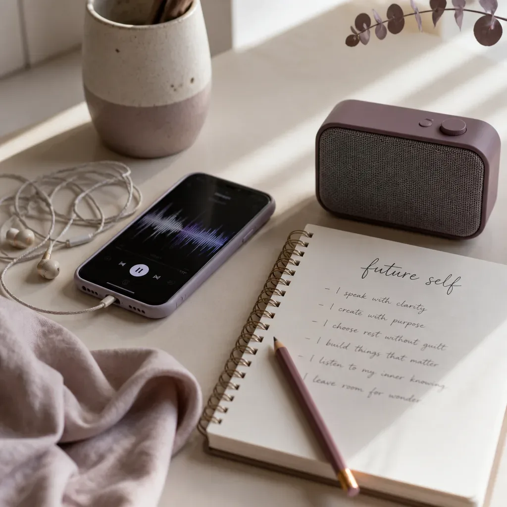 Audio notes beside earbuds and a ceramic cup