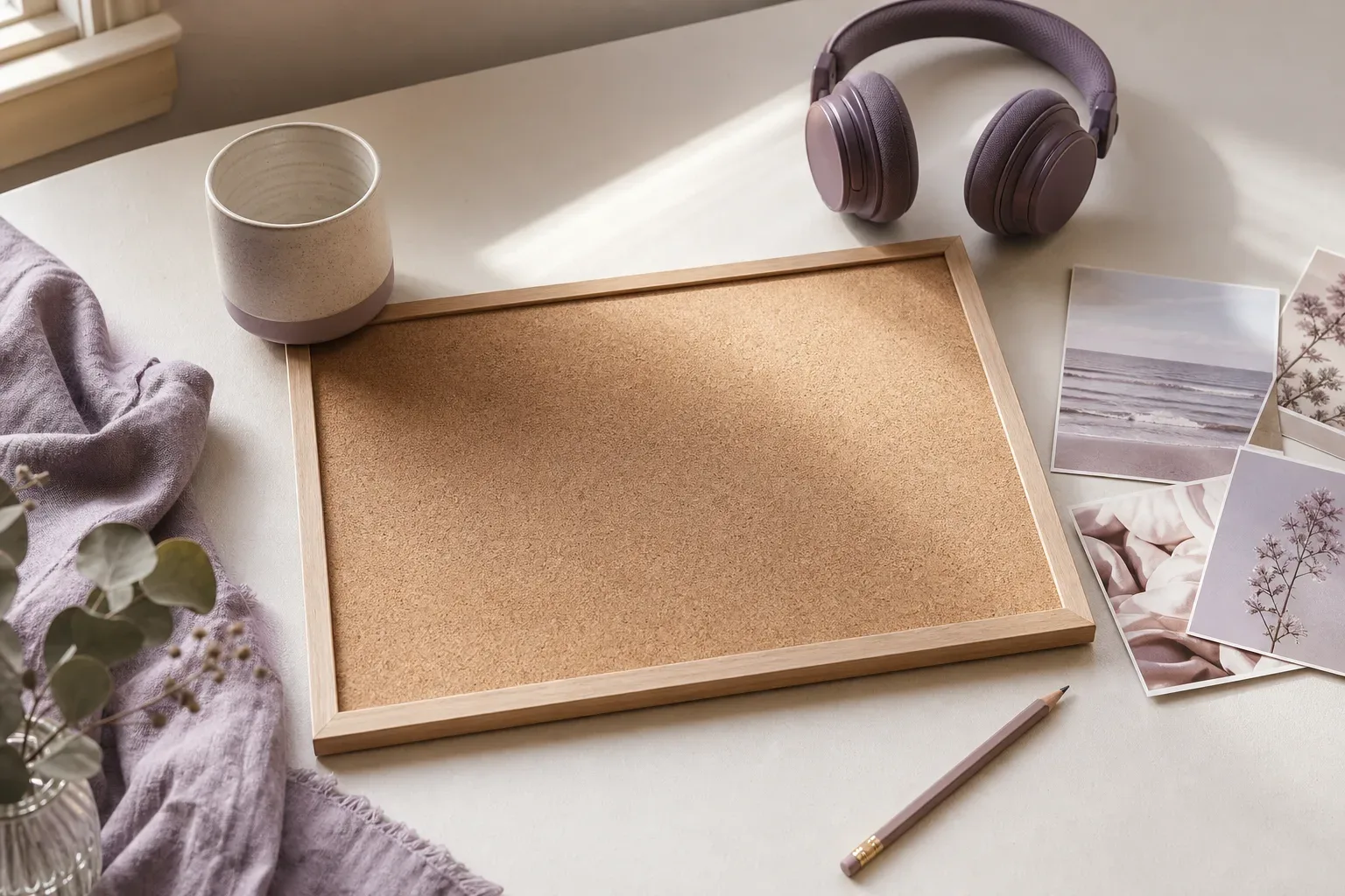 Quiet desk with blank vision board and headphones