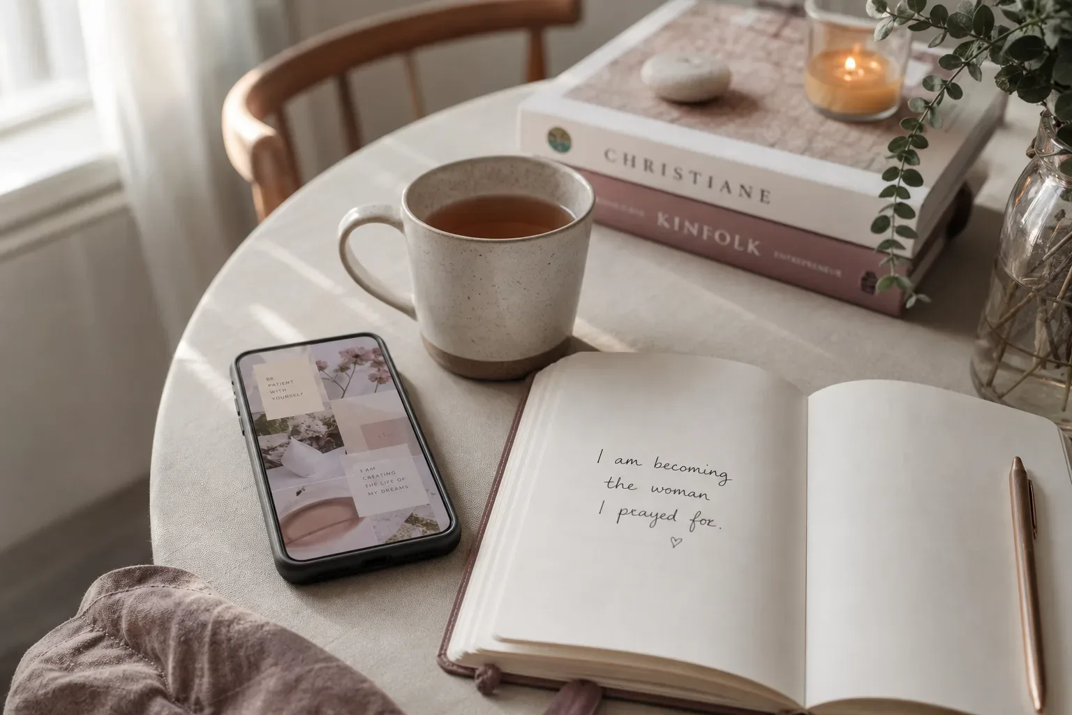Phone wallpaper glowing beside tea and notebook