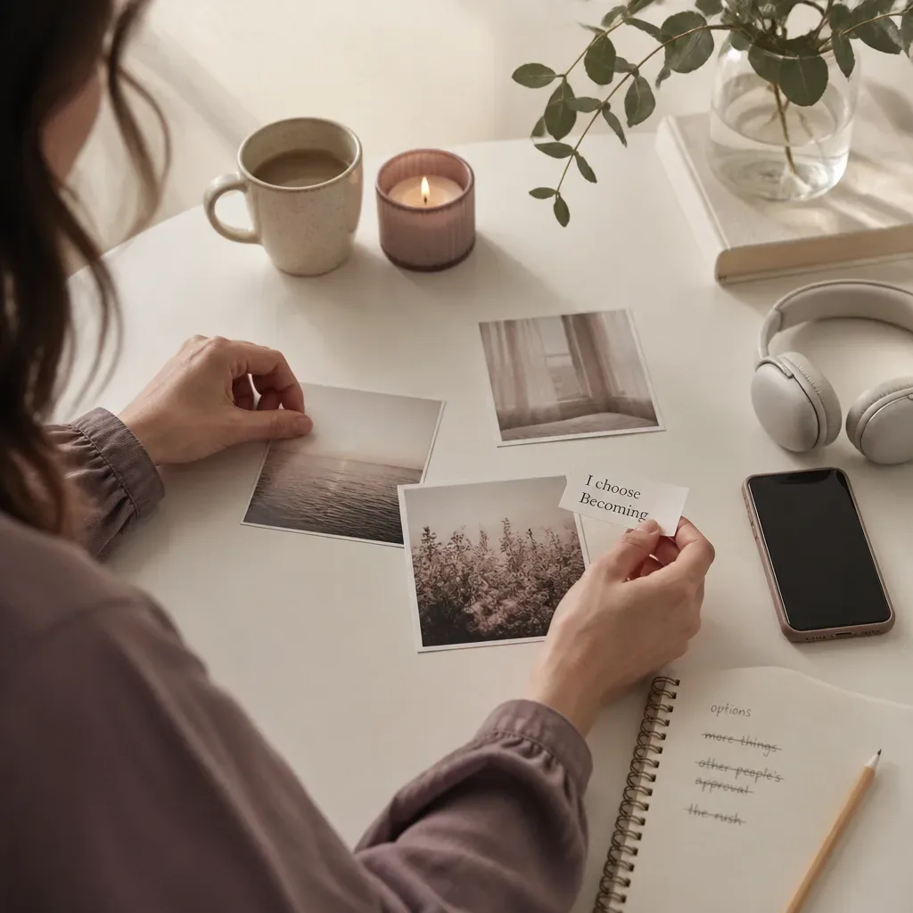 Hands choosing images for phone vision board