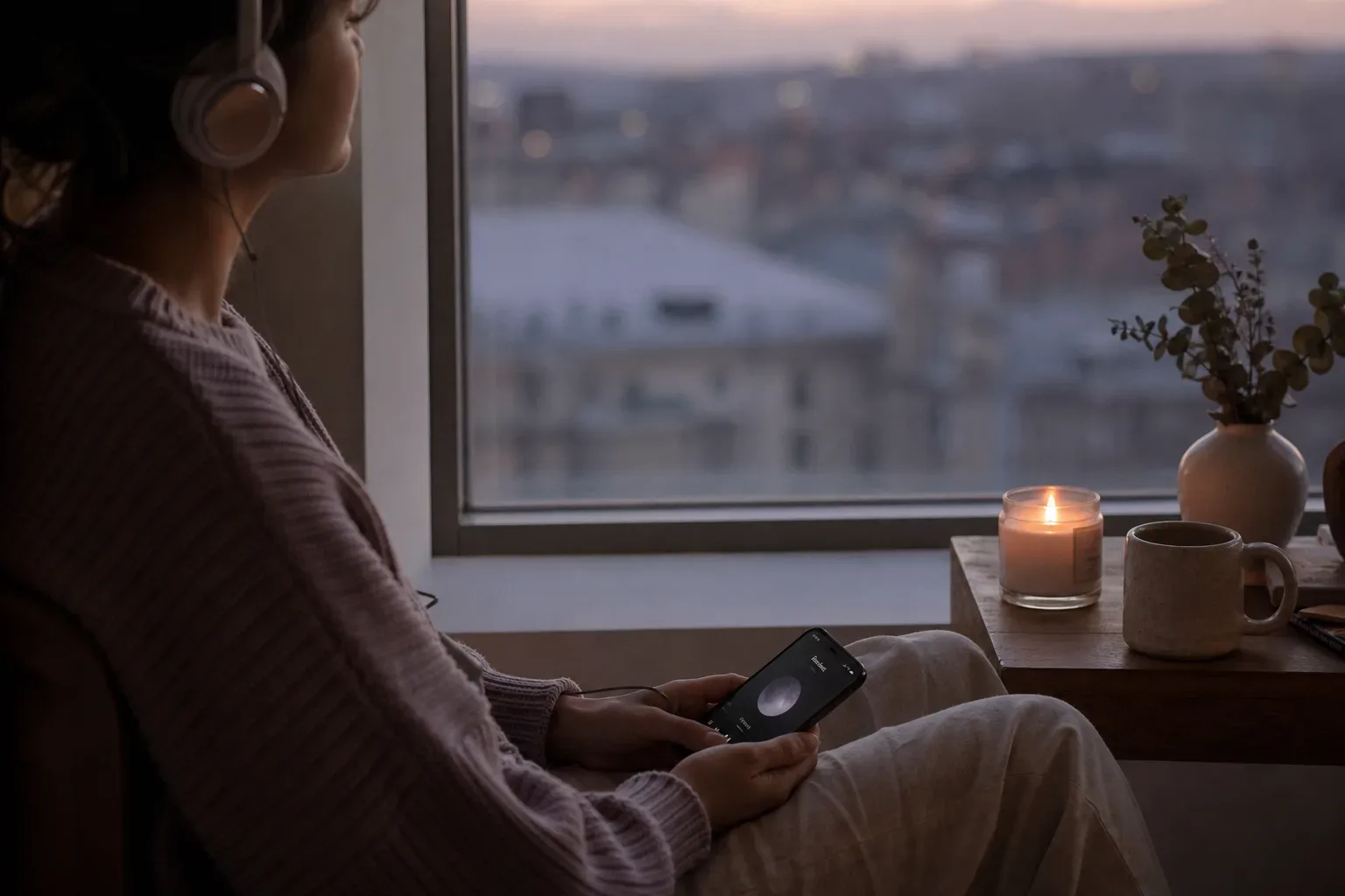 Person listening quietly beside a candlelit window