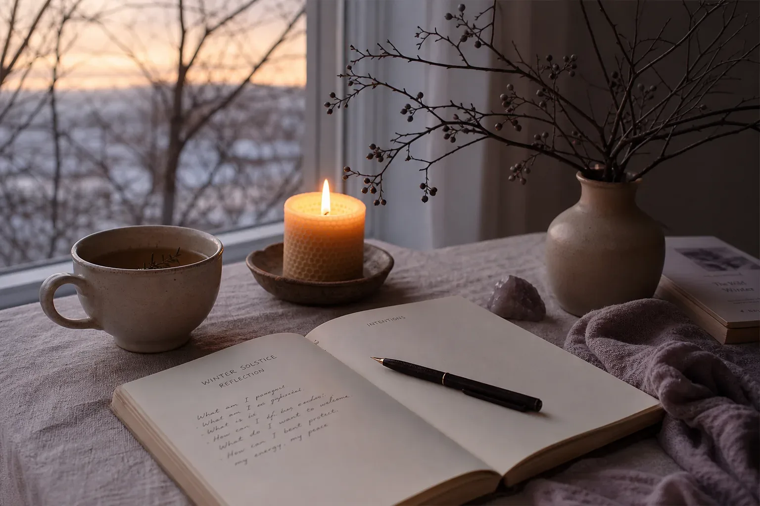 Candlelit journal beside winter branches at dusk