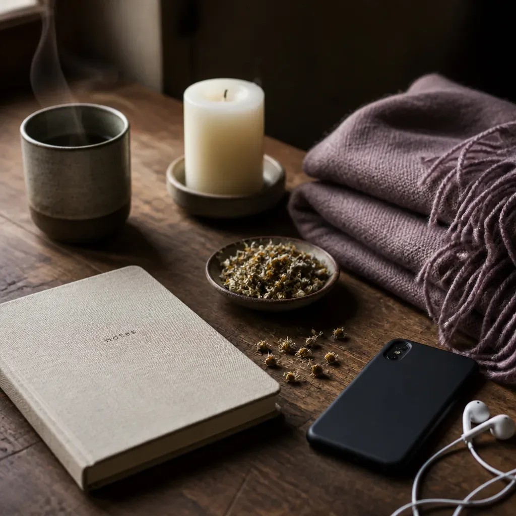 Simple solstice ritual tools on wooden table